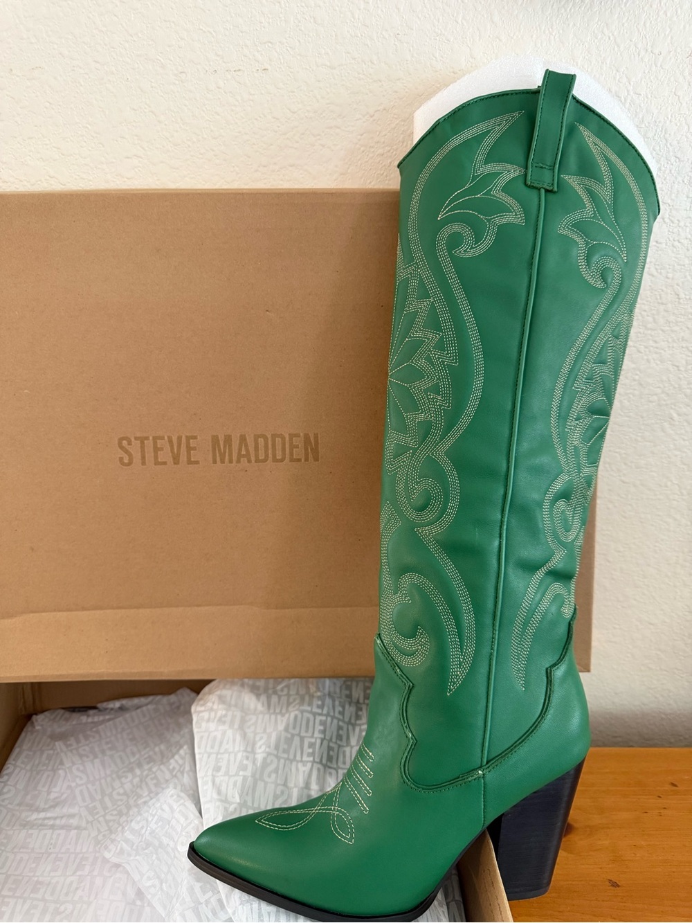 Steve Madden Green Embroidered Knee-High Western Boot